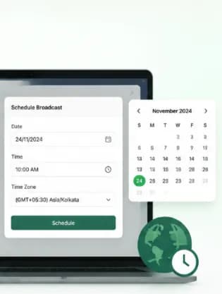 Schedule Broadcast dialog with date, time and the Asia/Kolkata time zone selected