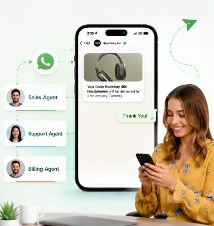 WhatsApp conversation routed between sales, support and billing agents from one business number