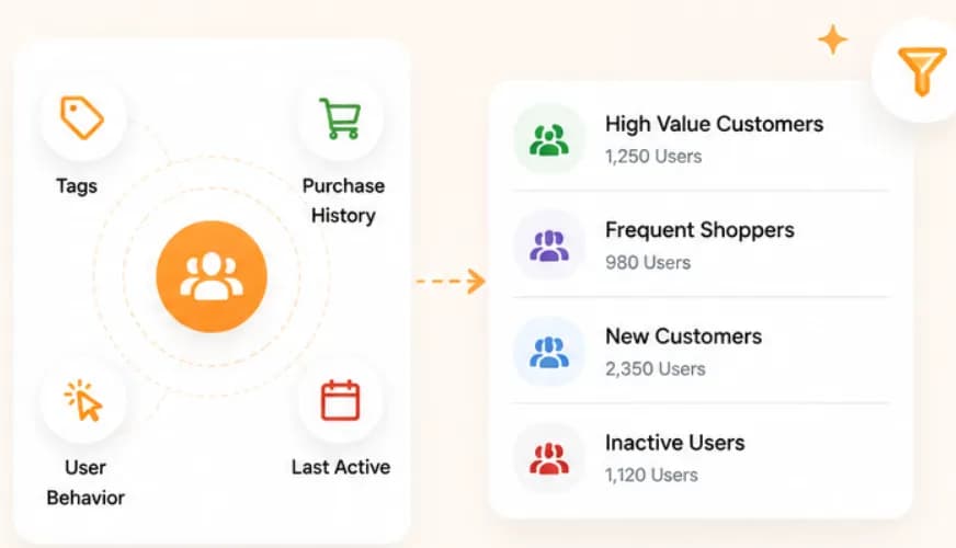 Smart segmentation combining tags, purchase history, behaviour and last-active data into audiences such as high-value and inactive customers