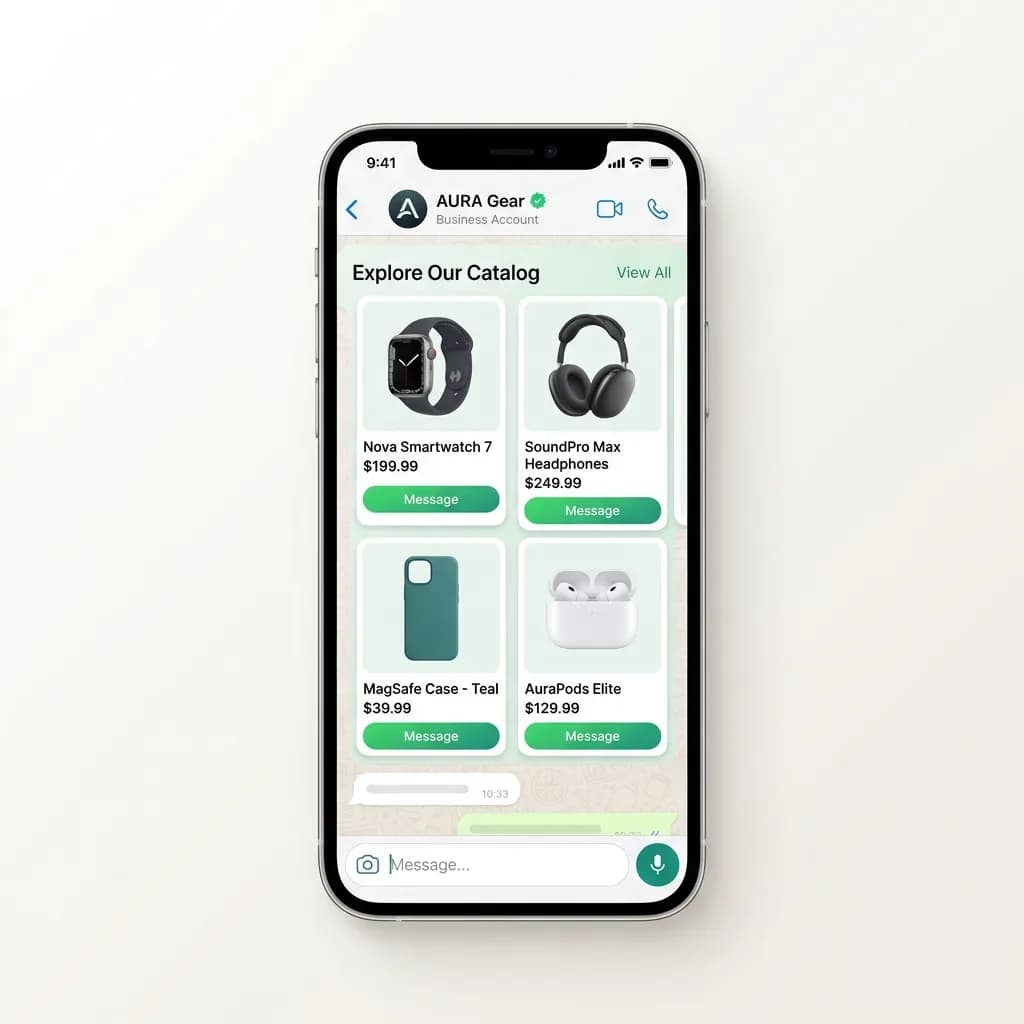 WhatsApp catalogue showing a smartwatch, headphones, phone case and earbuds with Message buttons