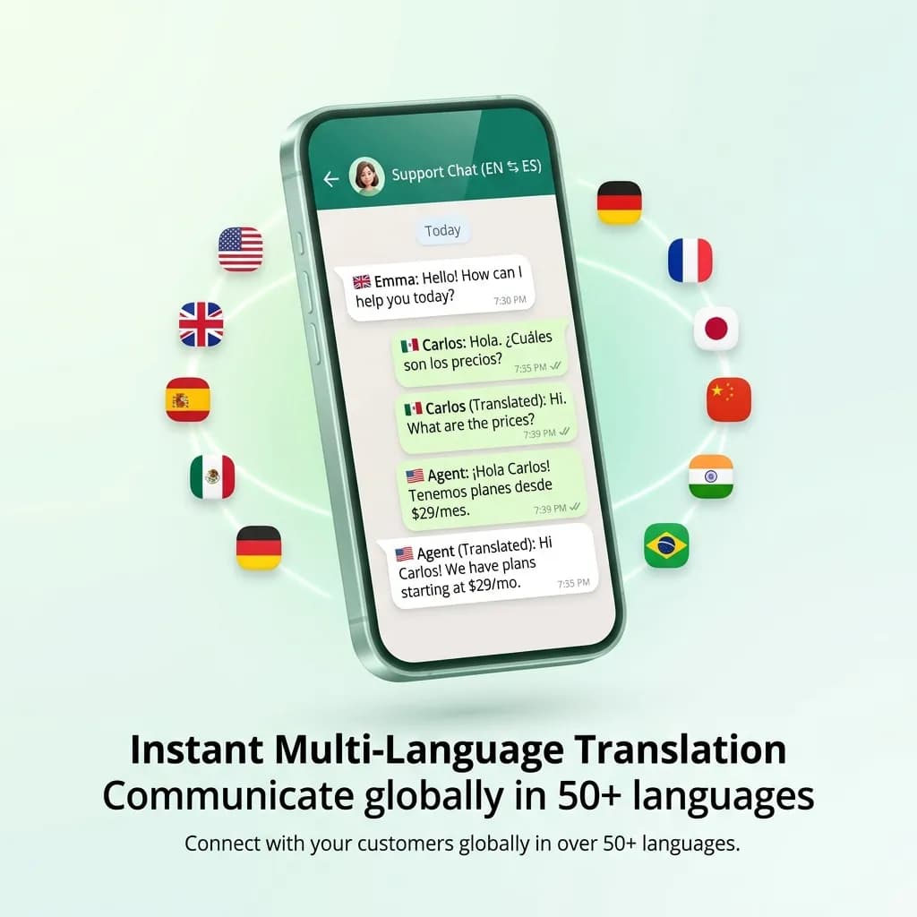 WhatsApp support chat translating messages between English and Spanish, surrounded by flags of supported languages