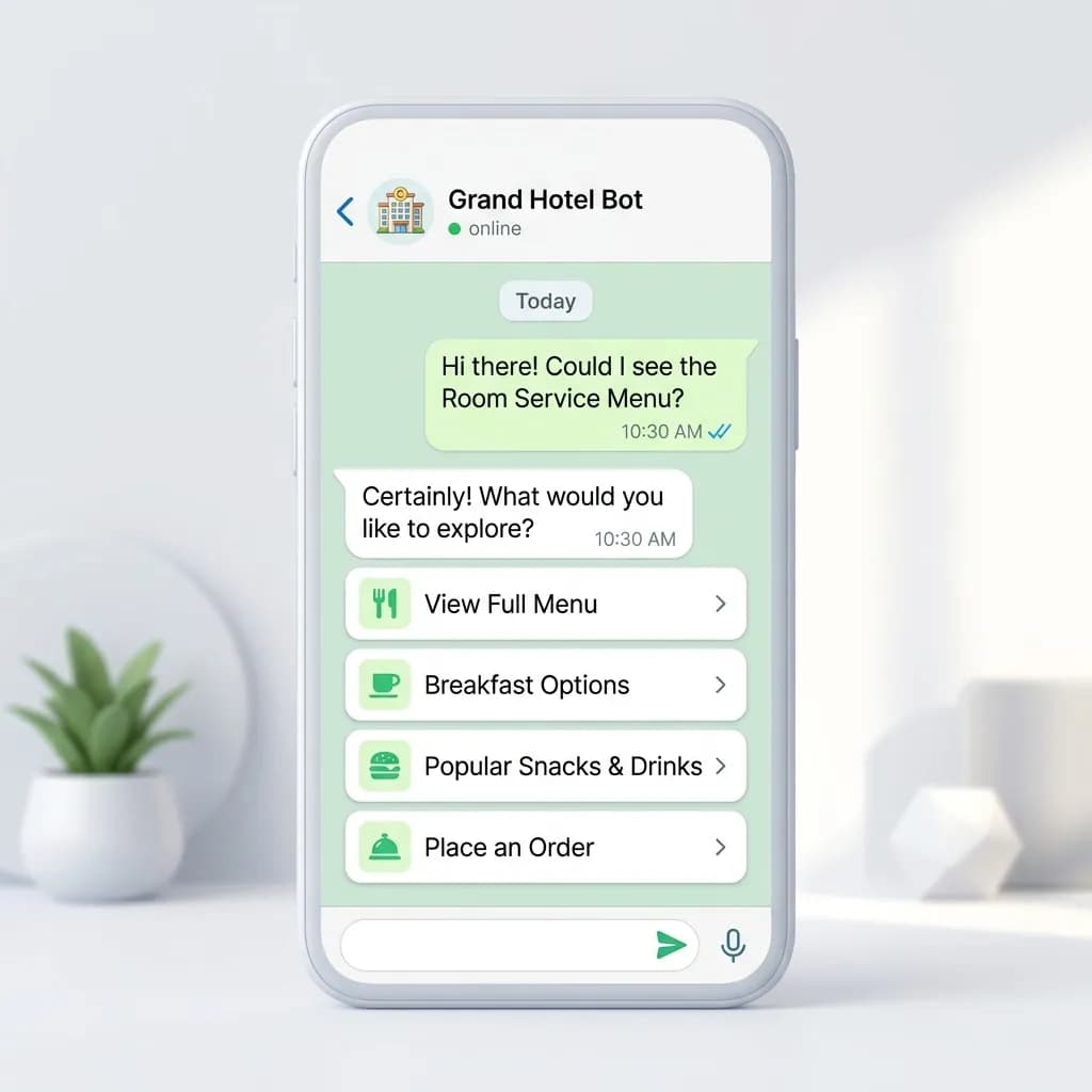 WhatsApp menu chatbot offering full menu, breakfast options, snacks and drinks, and a Place an Order button