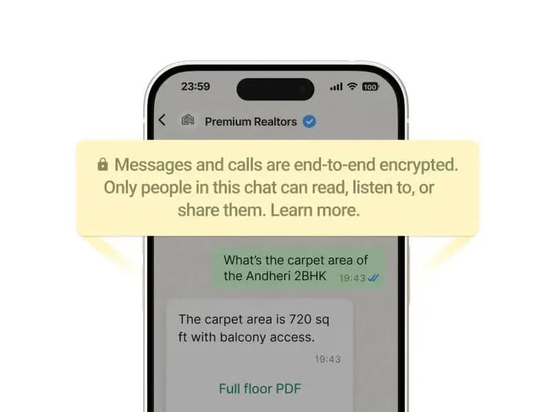 WhatsApp chat where a buyer asks the carpet area of an Andheri 2BHK and receives the answer with a floor plan PDF