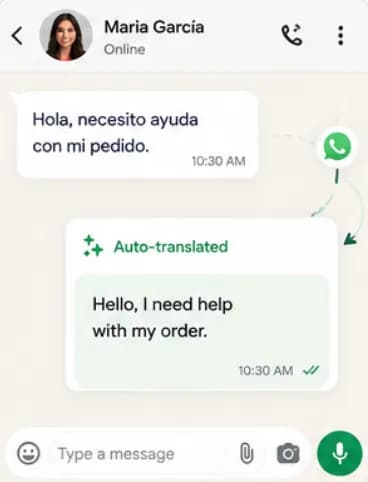 Incoming WhatsApp message automatically translated for a support agent