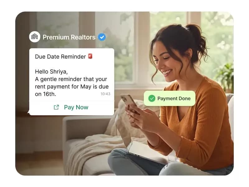Tenant receiving a WhatsApp rent due-date reminder with a Pay Now button and a Payment Done confirmation
