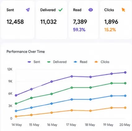 Real-time WhatsApp campaign report with delivery, read and click metrics