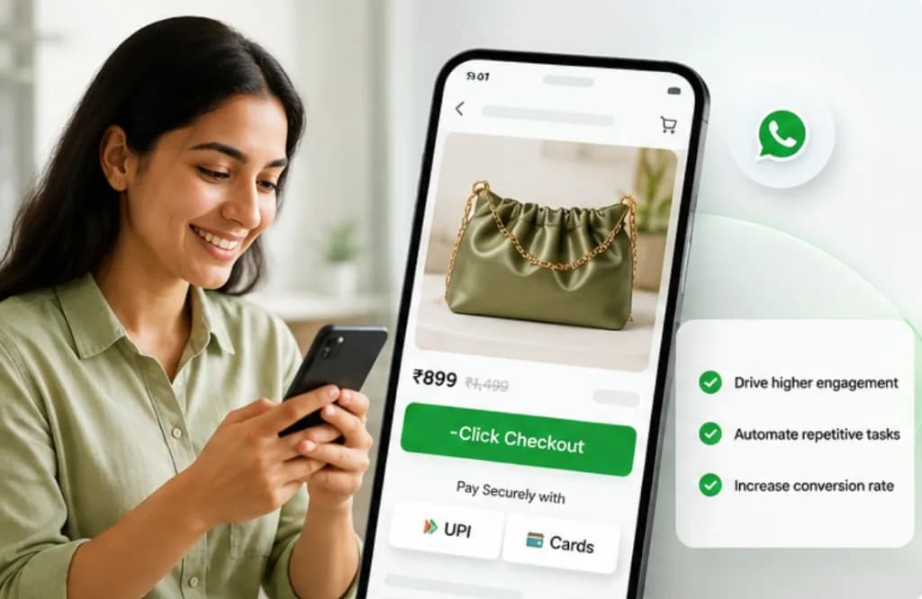 One-click WhatsApp checkout with UPI and card payment options