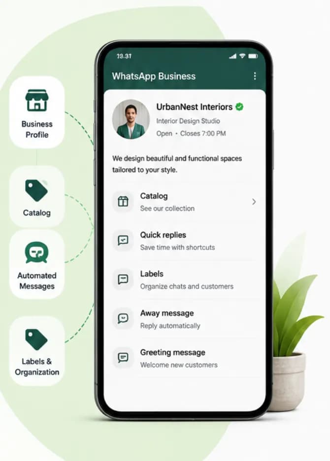 Verified WhatsApp Business profile with a green badge, business description, catalogue and quick replies
